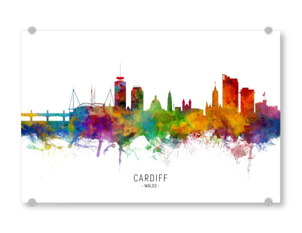 Acrylglasbild "Cardiff Wales Skyline txt" artboxONE - Städte - Cardiff,Wales,Skyline,Cityscape,Stadtbild,Watercolor,Painting