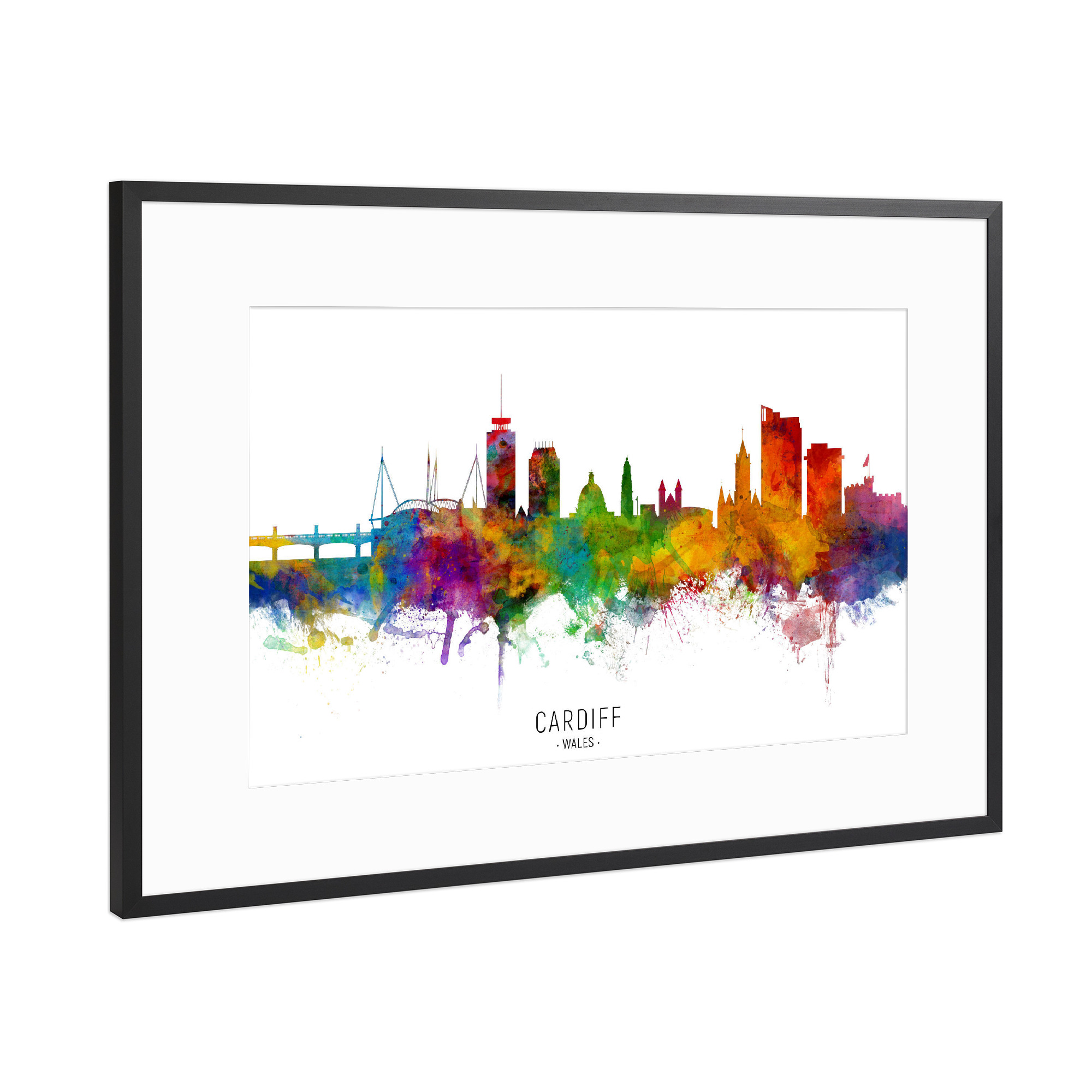 Poster mit Rahmen Schwarz (Metallic) "Cardiff Wales Skyline txt" artboxONE - Städte - Cardiff,Wales,Skyline,Cityscape,Stadtbild,Watercolor,Painting
