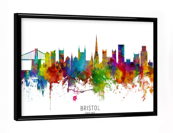 Poster mit schwarzem Rahmen "Bristol England Skyline txt" artboxONE - Städte - Bristol,England,Skyline,Cityscape,Stadtbild,Watercolor,Painting