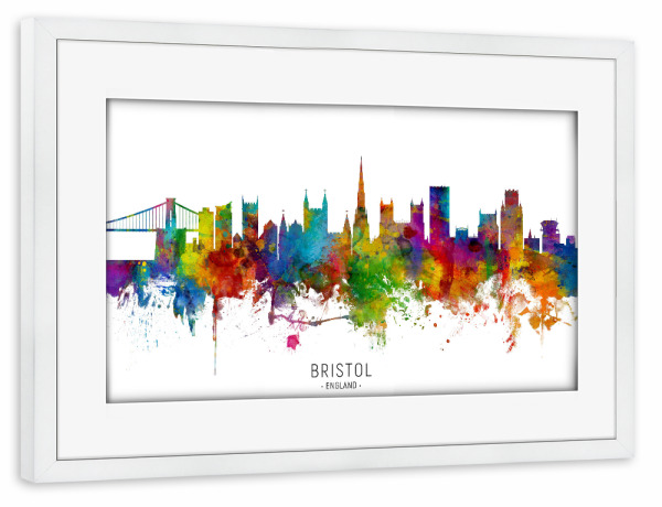Poster mit Rahmen weiß "Bristol England Skyline txt" artboxONE - Städte - Bristol,England,Skyline,Cityscape,Stadtbild,Watercolor,Painting
