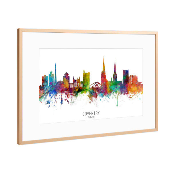 Poster mit Rahmen Kupfer "Coventry England Skyline txt" artboxONE - Städte - Coventry,England,Skyline,Cityscape,Stadtbild,Watercolor,Painting