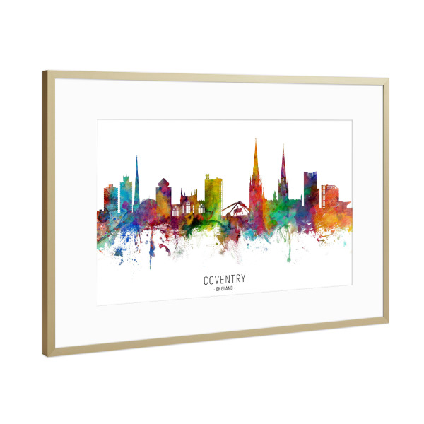Poster mit Rahmen Gold "Coventry England Skyline txt" artboxONE - Städte - Coventry,England,Skyline,Cityscape,Stadtbild,Watercolor,Painting