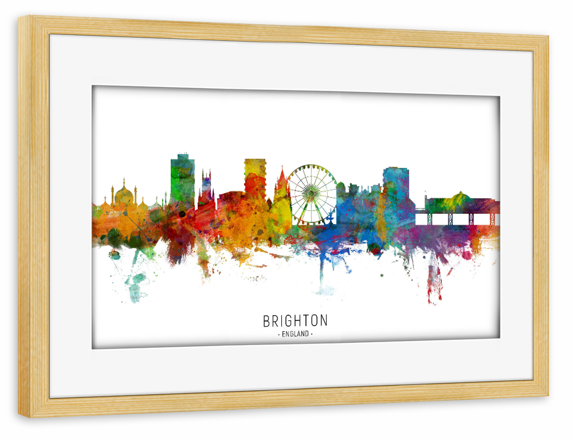 Poster mit Rahmen kiefer "Brighton England Skyline txt" artboxONE - Städte - Brighton,England,Skyline,Cityscape,Stadtbild,Watercolor,Painting