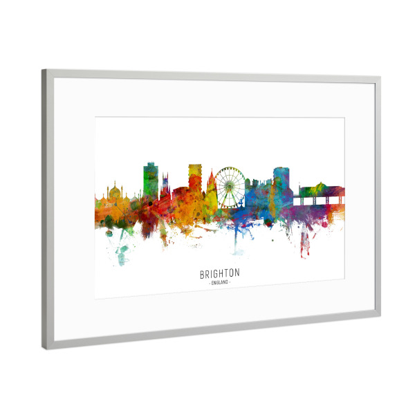 Poster mit Rahmen Silber "Brighton England Skyline txt" artboxONE - Städte - Brighton,England,Skyline,Cityscape,Stadtbild,Watercolor,Painting