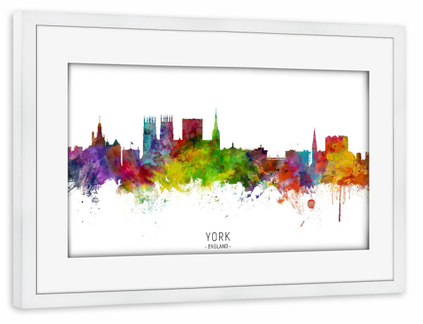 Poster mit Rahmen weiß "York England Skyline txt" artboxONE - Städte - York,England,Skyline,Cityscape,Stadtbild,Watercolor,Painting
