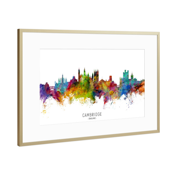 Poster mit Rahmen Gold "Cambridge England Skyline txt" artboxONE - Städte - Cambridge,England,Skyline,Cityscape,Stadtbild,Watercolor,Painting