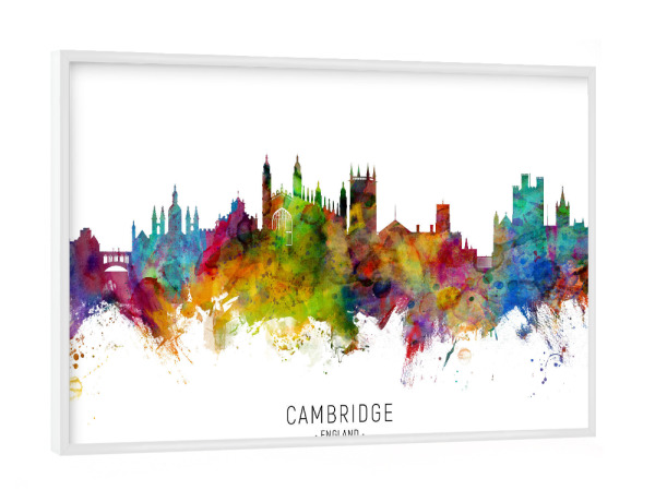 Poster mit weißem Rahmen "Cambridge England Skyline txt" artboxONE - Städte - Cambridge,England,Skyline,Cityscape,Stadtbild,Watercolor,Painting