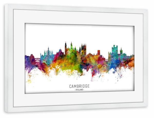 Poster mit Rahmen weiß "Cambridge England Skyline txt" artboxONE - Städte - Cambridge,England,Skyline,Cityscape,Stadtbild,Watercolor,Painting