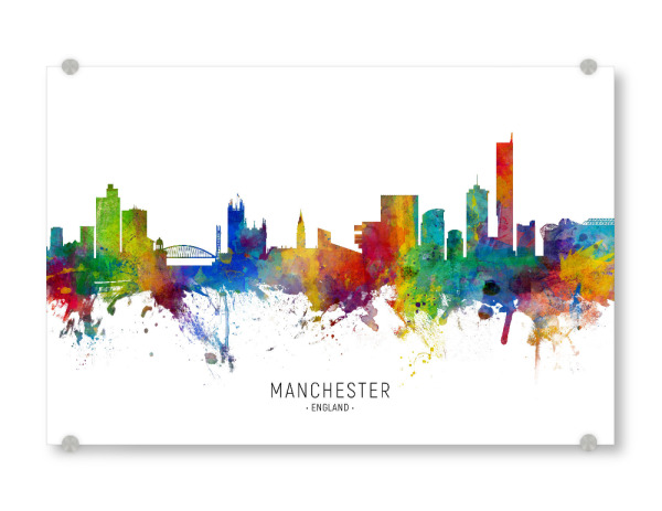 Acrylglasbild "Manchester England Skyline txt" artboxONE - Städte - Manchester,England,Skyline,Cityscape,Stadtbild,Watercolor,Painting