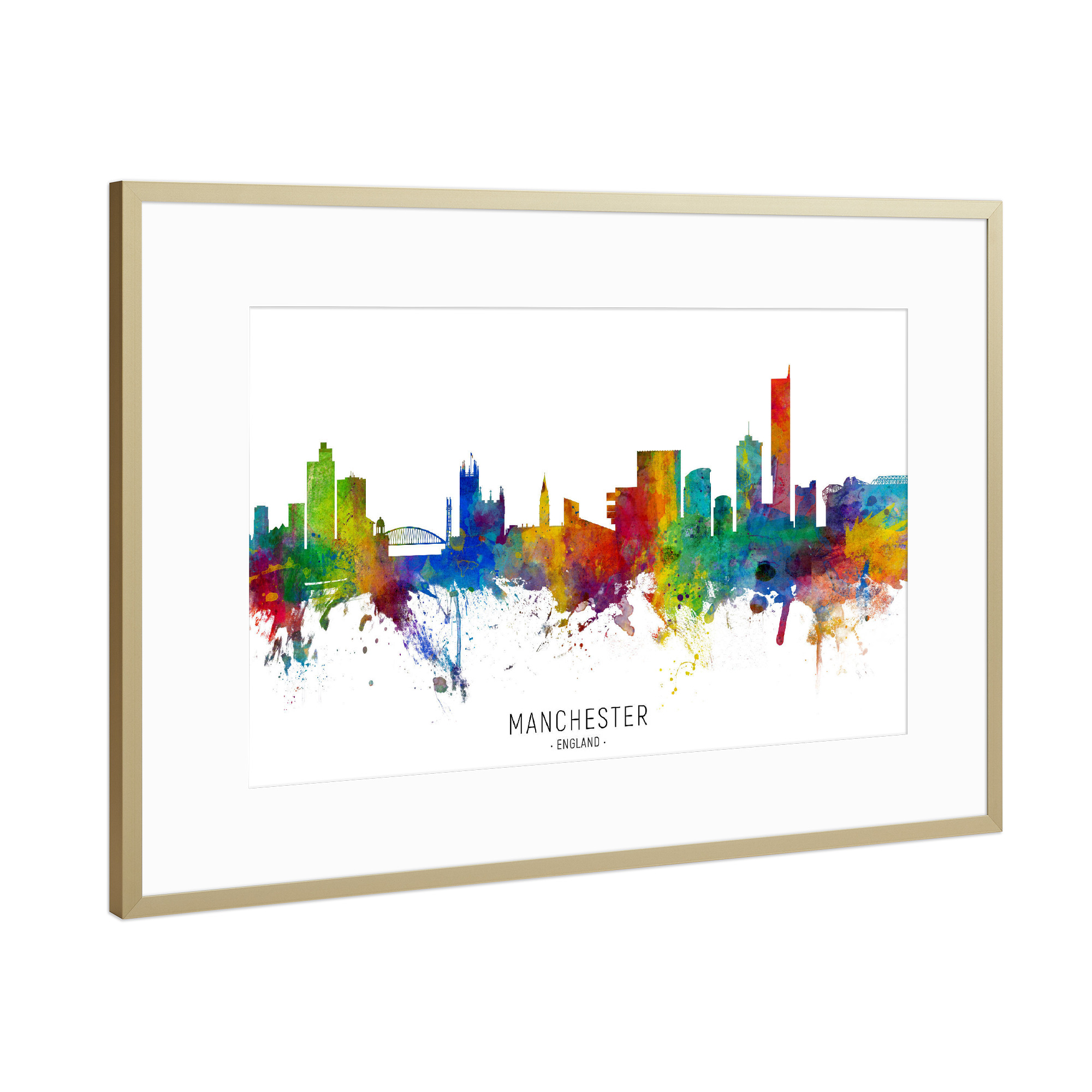 Poster mit Rahmen Gold "Manchester England Skyline txt" artboxONE - Städte - Manchester,England,Skyline,Cityscape,Stadtbild,Watercolor,Painting