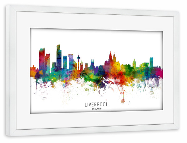 Poster mit Rahmen weiß "Liverpool England Skyline txt" artboxONE - Städte - Liverpool,England,Skyline,Cityscape,Stadtbild,Watercolor,Painting