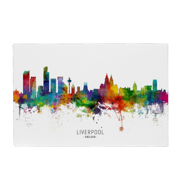 Metall Poster "Liverpool England Skyline txt" artboxONE - Städte - Liverpool,England,Skyline,Cityscape,Stadtbild,Watercolor,Painting - Blechschild