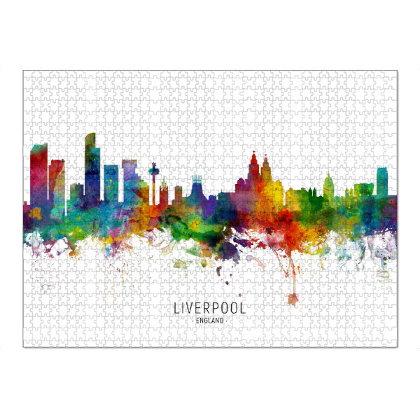 Puzzle Ravensburger "Liverpool England Skyline txt" artboxONE - Städte - Liverpool,England,Skyline,Cityscape,Stadtbild,Watercolor,Painting