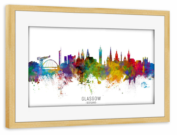 Poster mit Rahmen kiefer "Glasgow Scotland Skyline txt" artboxONE - Städte - Glasgow,Scotland,Skyline,Cityscape,Stadtbild,Watercolor,Painting