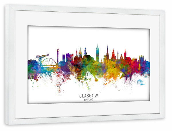 Poster mit Rahmen weiß "Glasgow Scotland Skyline txt" artboxONE - Städte - Glasgow,Scotland,Skyline,Cityscape,Stadtbild,Watercolor,Painting