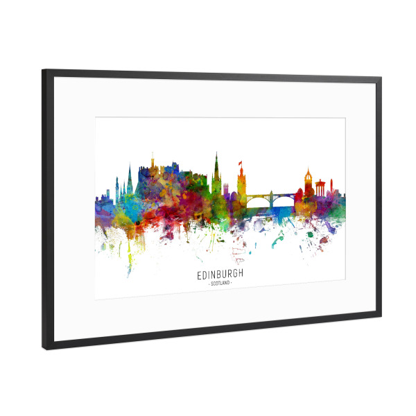 Poster mit Rahmen Schwarz (Metallic) "Edinburgh Scotland Skyline txt" artboxONE - Städte