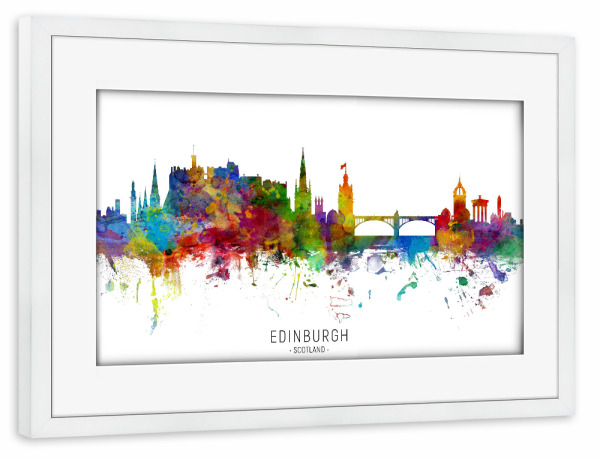 Poster mit Rahmen weiß "Edinburgh Scotland Skyline txt" artboxONE - Städte - Edinburgh,Scotland,Skyline,Cityscape,Stadtbild,Watercolor,Painting