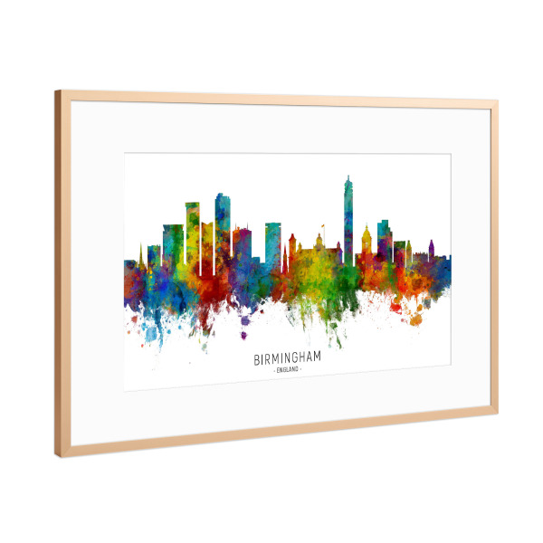 Poster mit Rahmen Kupfer "Birmingham England Skyline txt" artboxONE - Städte - Birmingham,England,Skyline,Cityscape,Stadtbild,Watercolor,Painting