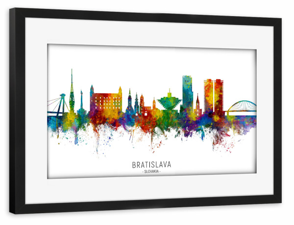 Poster mit Rahmen schwarz "Bratislava Slovakia Skyline txt" artboxONE - Städte - Bratislava,Slovakia,Skyline,Cityscape,Stadtbild,Watercolor,Painting