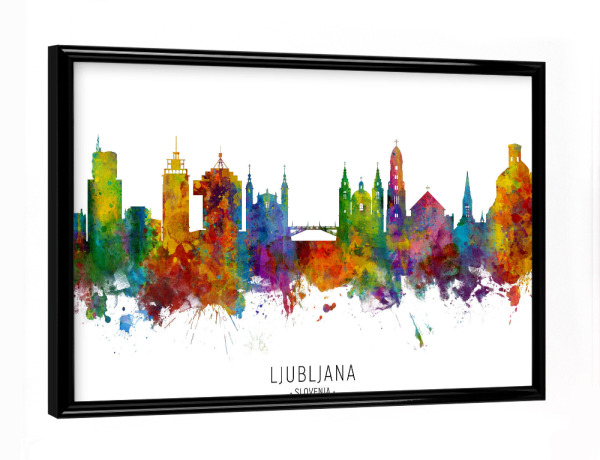 Poster mit schwarzem Rahmen "Ljubljana Slovenia Skyline txt" artboxONE - Städte - Ljubljana,Slovenia,Skyline,Cityscape,Stadtbild,Watercolor,Painting