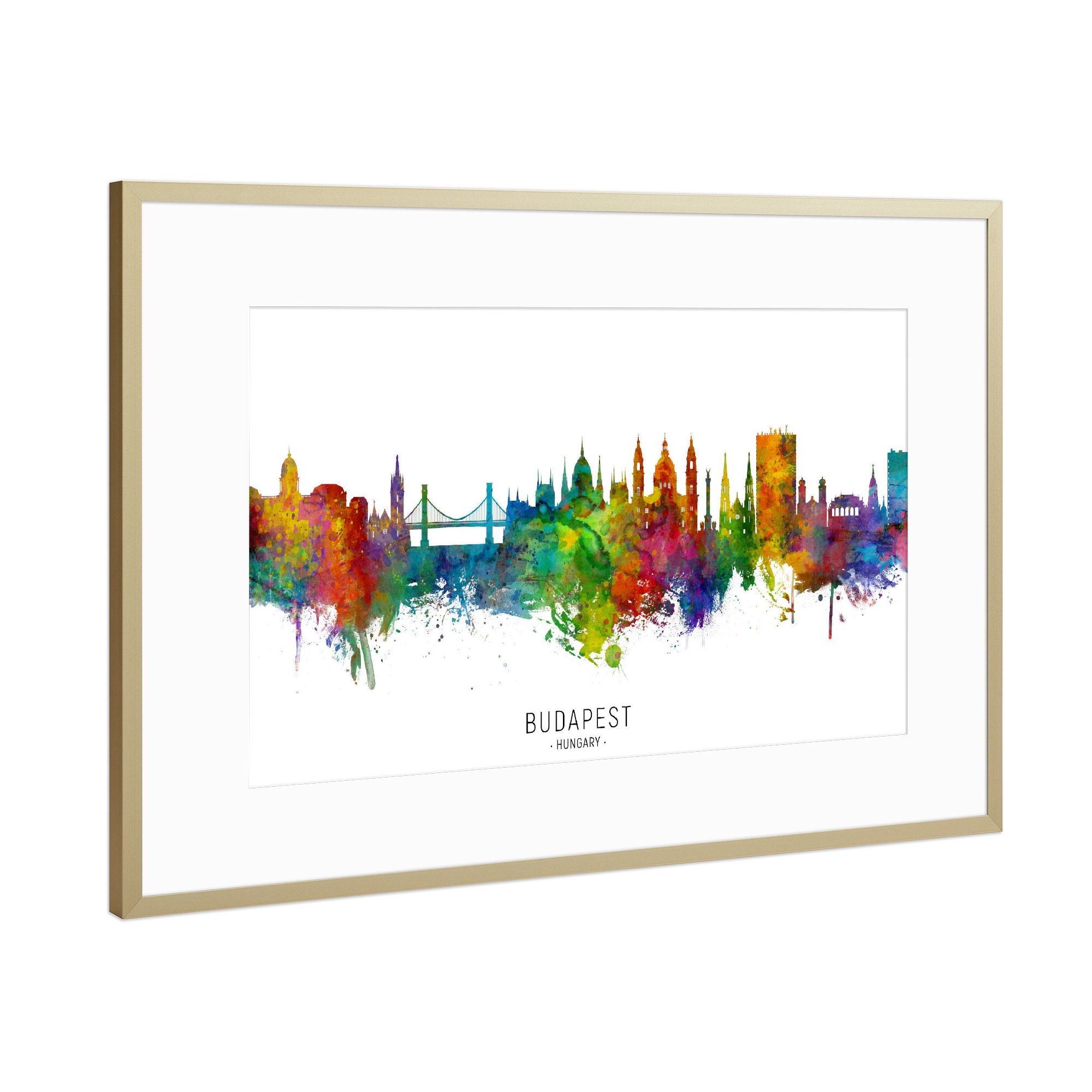 Poster mit Rahmen Gold "Budapest Hungary Skyline txt" artboxONE - Städte / Budapest - Budapest,Hungary,Skyline,Cityscape,Stadtbild,Watercolor,Painting