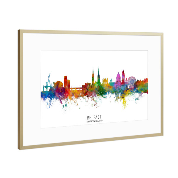 Poster mit Rahmen Gold "Belfast N Ireland Skyline txt" artboxONE - Städte - Belfast,Northern ireland,Skyline,Cityscape,Stadtbild,Watercolor,Painting