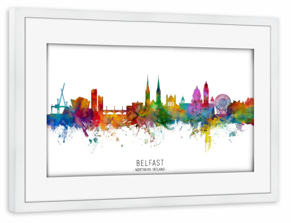 Poster mit Rahmen weiß "Belfast N Ireland Skyline txt" artboxONE - Städte - Belfast,Northern ireland,Skyline,Cityscape,Stadtbild,Watercolor,Painting
