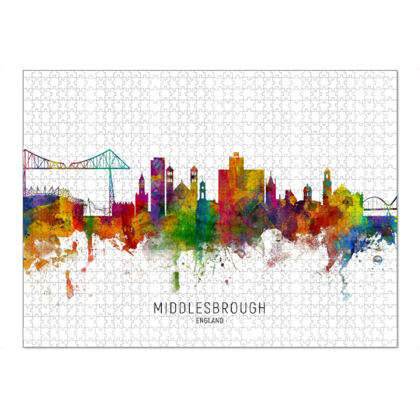 Puzzle Ravensburger "Middlesbrough England Skyline txt" artboxONE - Städte - Middlesbrough,England,Skyline,Cityscape,Stadtbild,Watercolor,Painting