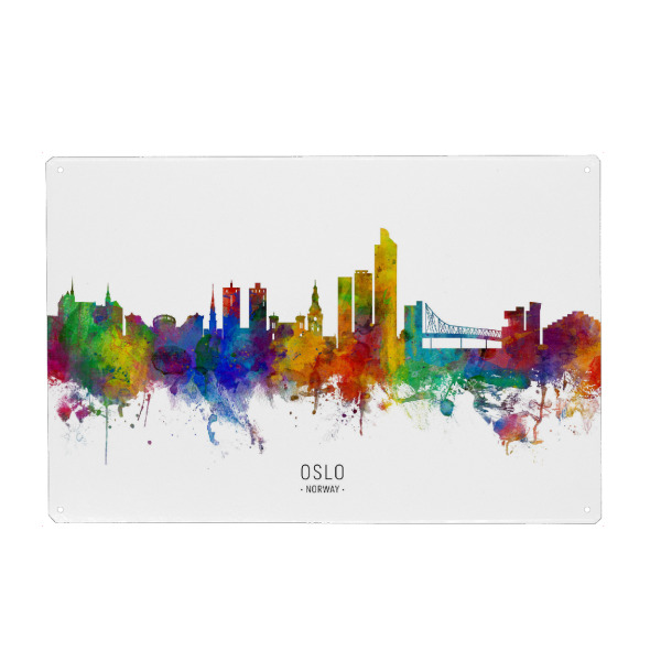Holzbild "Oslo Norway Skyline txt" artboxONE - Städte - Oslo,Norway,Skyline,Cityscape,Stadtbild,Watercolor,Painting