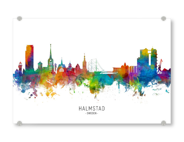Acrylglasbild "Halmstad Sweden Skyline txt" artboxONE - Städte - Halmstad,Sweden,Skyline,Cityscape,Stadtbild,Watercolor,Painting