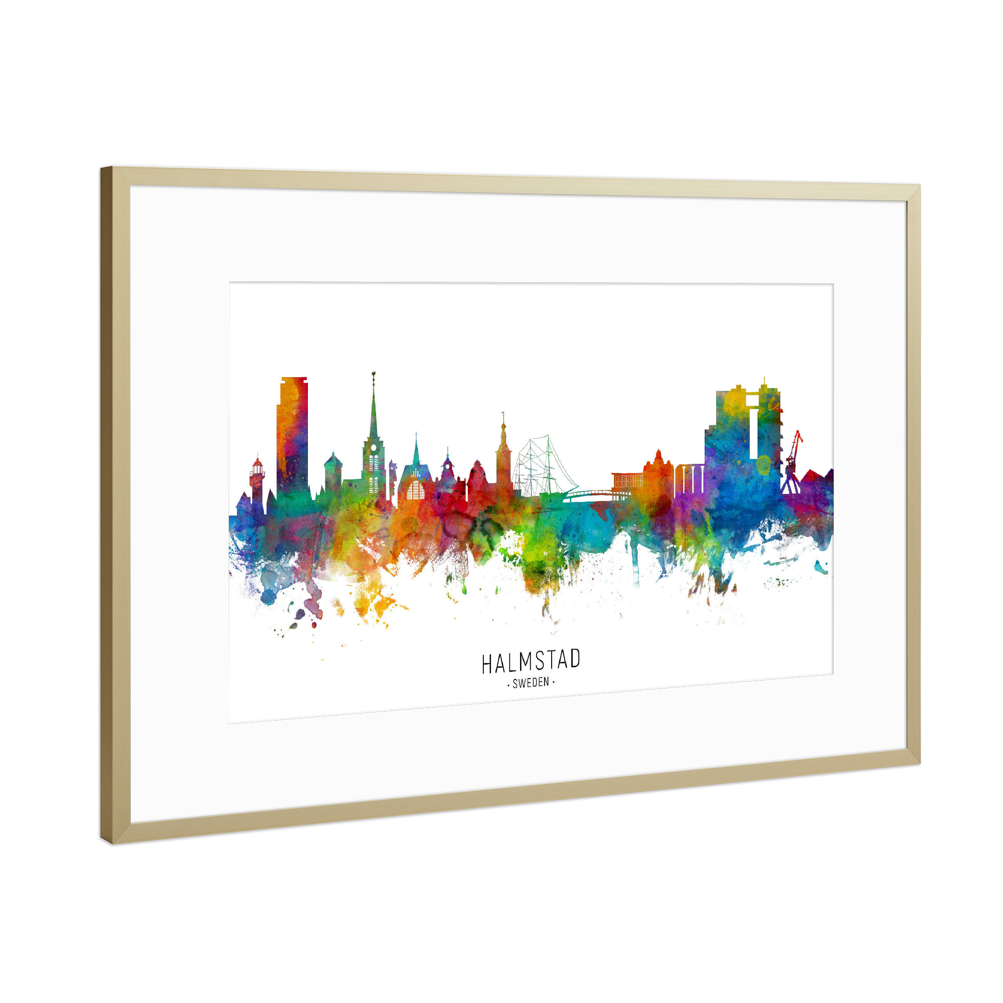 Poster mit Rahmen Gold "Halmstad Sweden Skyline txt" artboxONE - Städte - Halmstad,Sweden,Skyline,Cityscape,Stadtbild,Watercolor,Painting