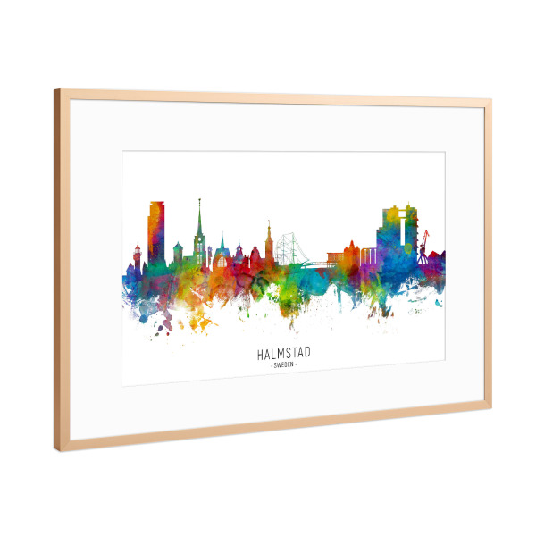Poster mit Rahmen Kupfer "Halmstad Sweden Skyline txt" artboxONE - Städte - Halmstad,Sweden,Skyline,Cityscape,Stadtbild,Watercolor,Painting