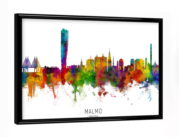 Poster mit schwarzem Rahmen "Malmo Sweden Skyline txt" artboxONE - Städte - Malmo,Sweden,Skyline,Cityscape,Stadtbild,Watercolor,Painting