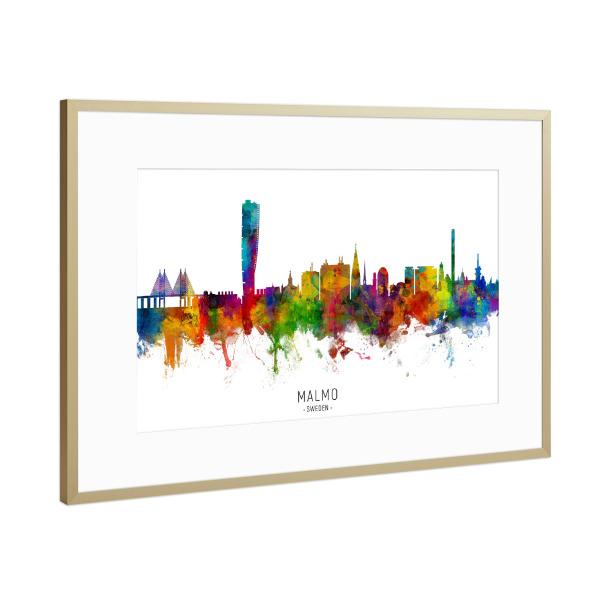 Poster mit Rahmen Gold "Malmo Sweden Skyline txt" artboxONE - Städte - Malmo,Sweden,Skyline,Cityscape,Stadtbild,Watercolor,Painting