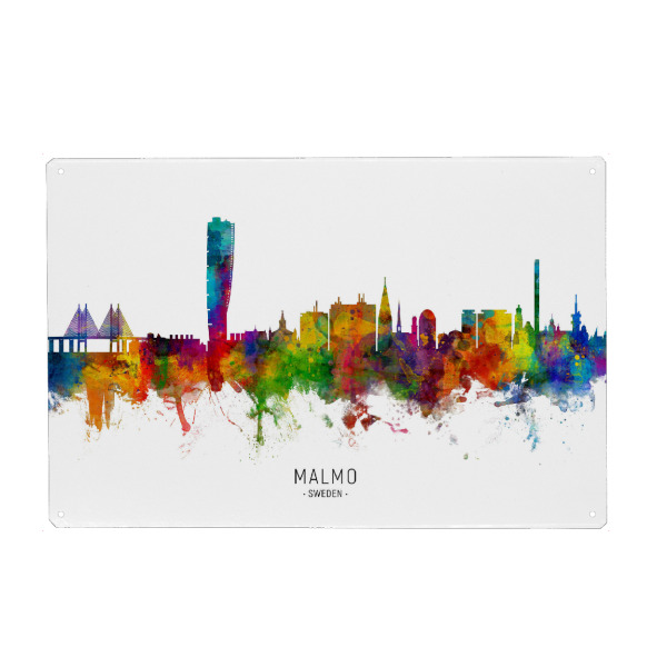 Metall Poster "Malmo Sweden Skyline txt" artboxONE - Städte - Malmo,Sweden,Skyline,Cityscape,Stadtbild,Watercolor,Painting - Blechschild