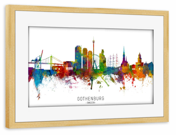 Poster mit Rahmen kiefer "Gothenburg Sweden Skyline txt" artboxONE - Städte - Gothenburg,Sweden,Skyline,Cityscape,Stadtbild,Watercolor,Painting