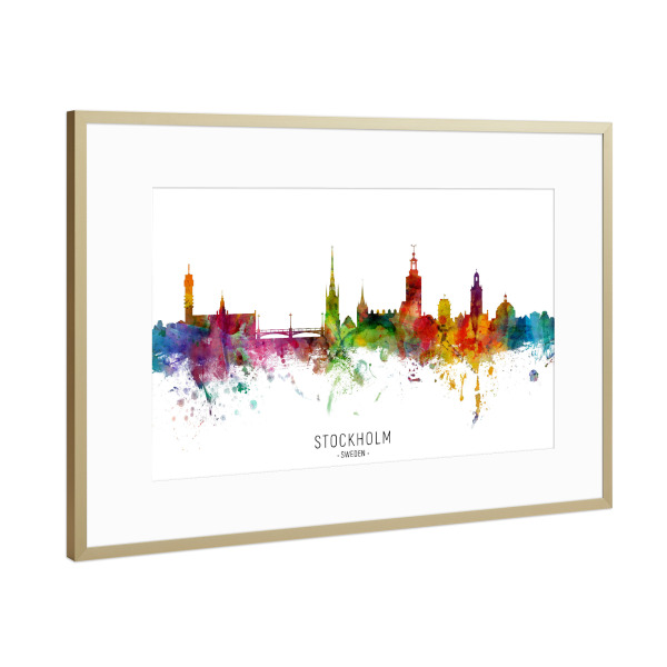 Poster mit Rahmen Gold "Stockholm Sweden Skyline txt" artboxONE - Städte / Stockholm