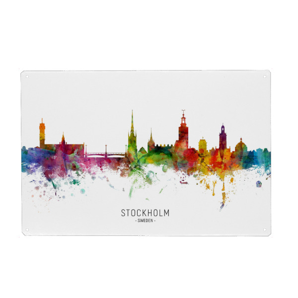 Metall Poster "Stockholm Sweden Skyline txt" artboxONE - Städte / Stockholm - Stockholm,Sweden,Skyline,Cityscape,Stadtbild,Watercolor,Painting
