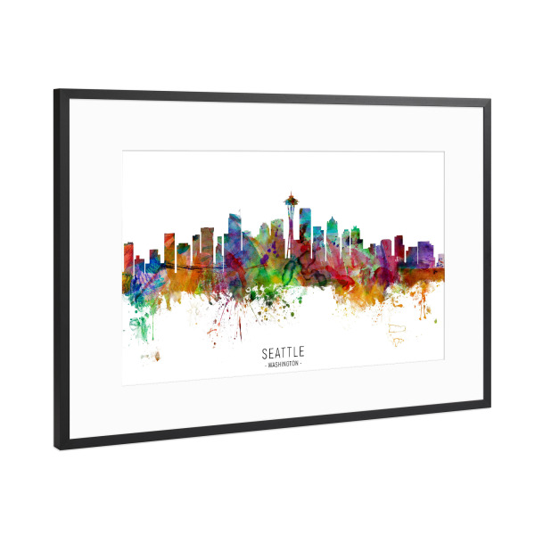 Poster mit Rahmen Schwarz (Metallic) "Seattle Washington Skyline txt" artboxONE - Städte