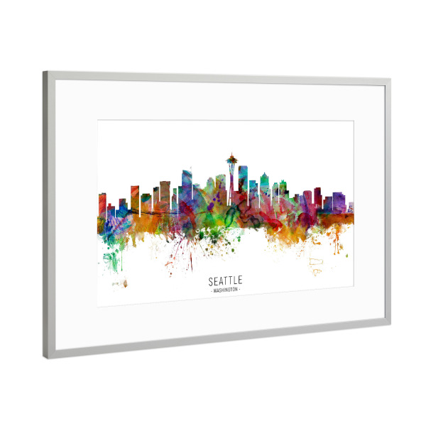Poster mit Rahmen Silber "Seattle Washington Skyline txt" artboxONE - Städte - Seattle,Washington,Skyline,Cityscape,Stadtbild,Watercolor,Painting