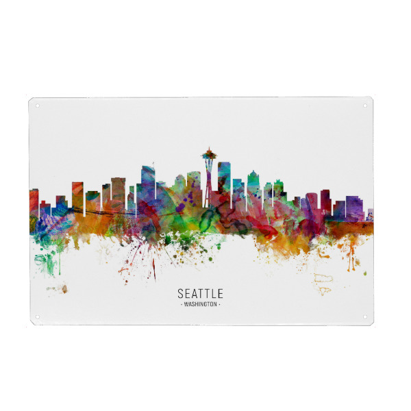 Metall Poster "Seattle Washington Skyline txt" artboxONE - Städte - Seattle,Washington,Skyline,Cityscape,Stadtbild,Watercolor,Painting - Blechschild