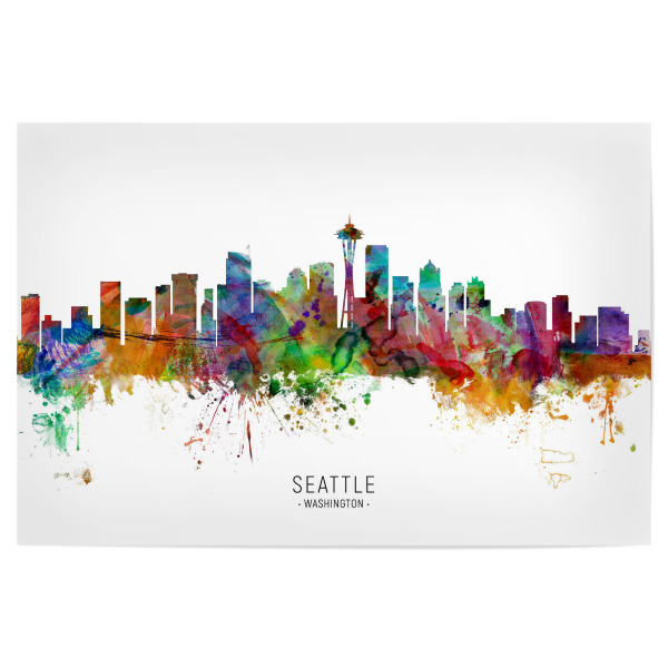 Poster "Seattle Washington Skyline txt" artboxONE - Städte - Seattle,Washington,Skyline,Cityscape,Stadtbild,Watercolor,Painting
