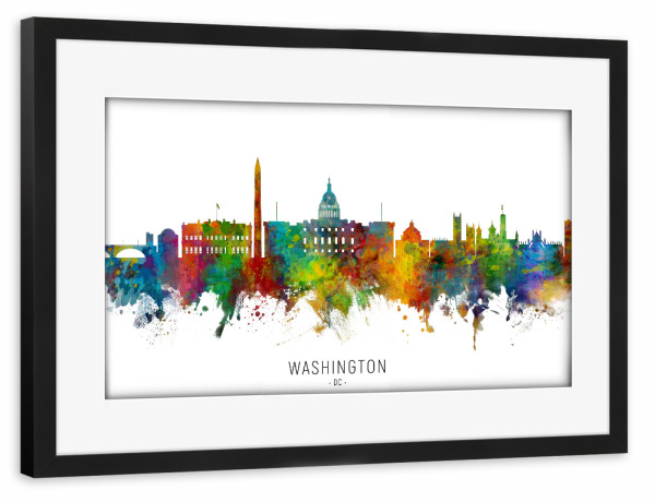 Poster mit Rahmen schwarz "Washington DC Skyline txt" artboxONE - Städte / Washington - Washington,Dc,Skyline,Cityscape,Stadtbild,Watercolor,Painting