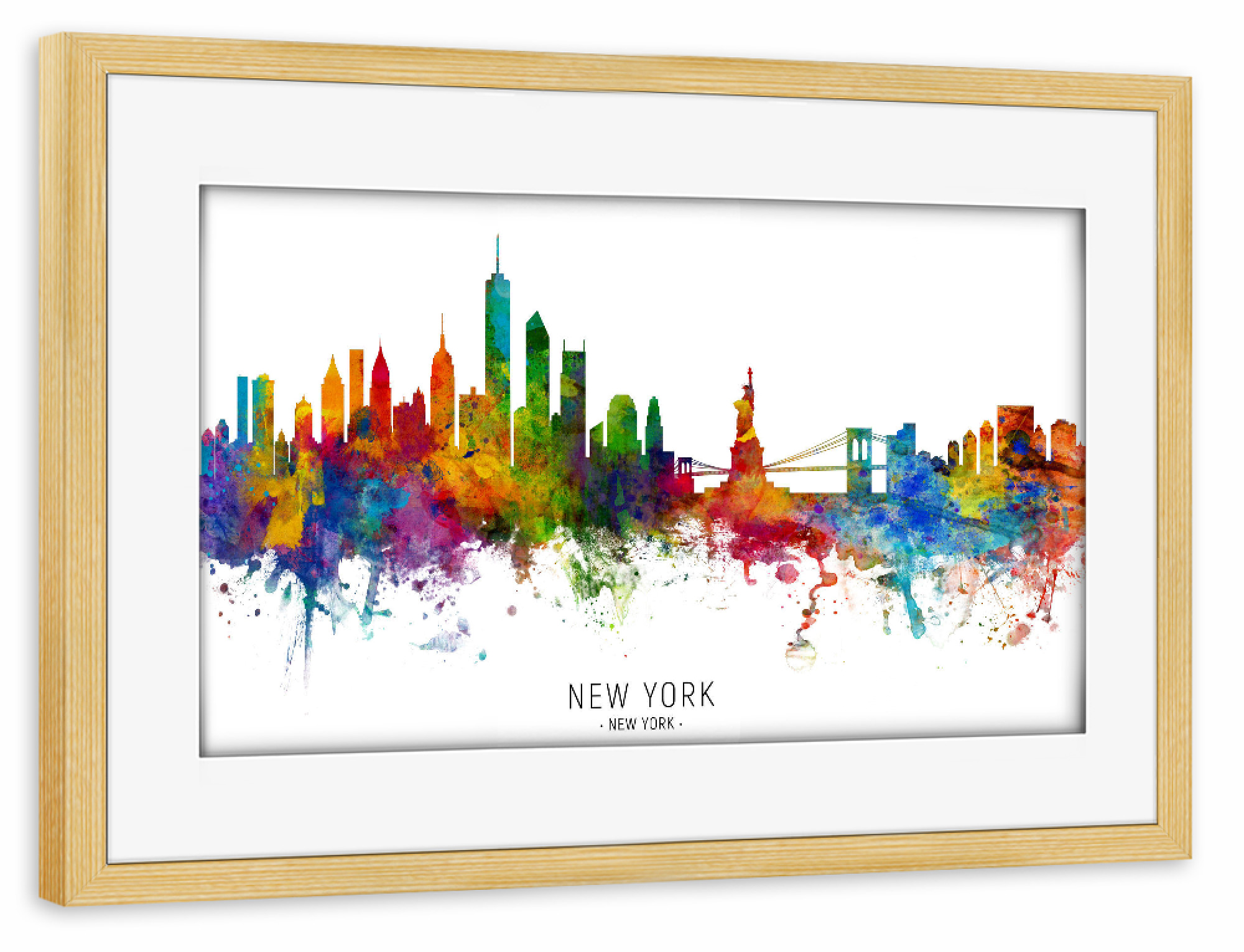 Poster mit Rahmen kiefer "New York Skyline txt" artboxONE - Städte / New York - New york,Skyline,Cityscape,Stadtbild,Watercolor,Painting