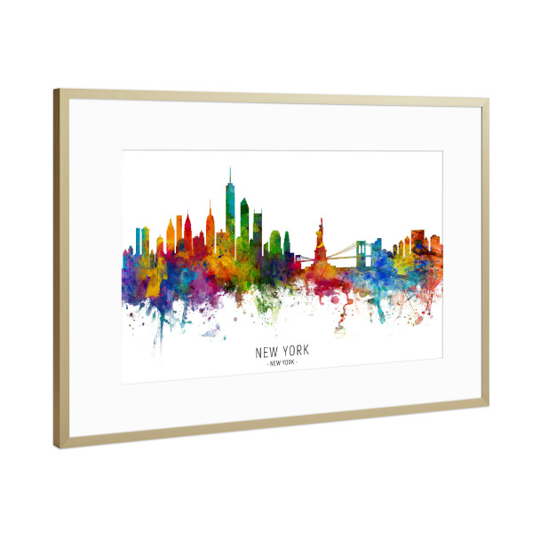 Poster mit Rahmen Gold "New York Skyline txt" artboxONE - Städte / New York - New york,Skyline,Cityscape,Stadtbild,Watercolor,Painting