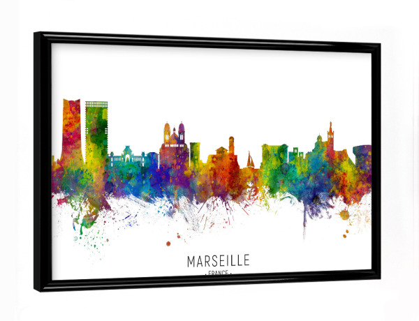 Poster mit schwarzem Rahmen "Marseille France Skyline txt" artboxONE - Städte - Marseille,France,Skyline,Cityscape,Stadtbild,Watercolor,Painting