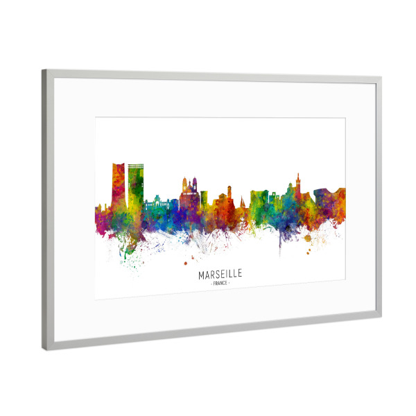 Poster mit Rahmen Silber "Marseille France Skyline txt" artboxONE - Städte - Marseille,France,Skyline,Cityscape,Stadtbild,Watercolor,Painting