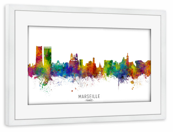Poster mit Rahmen weiß "Marseille France Skyline txt" artboxONE - Städte - Marseille,France,Skyline,Cityscape,Stadtbild,Watercolor,Painting