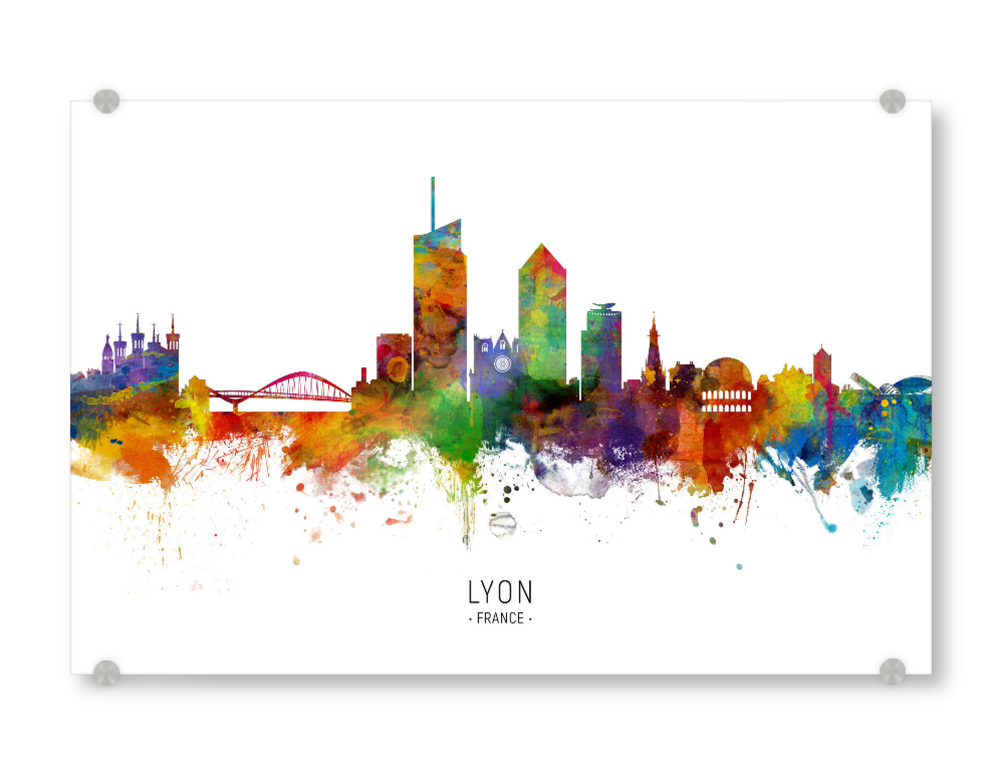 Acrylglasbild "Lyon France Skyline txt" artboxONE - Städte - Lyon,France,Skyline,Cityscape,Stadtbild,Watercolor,Painting