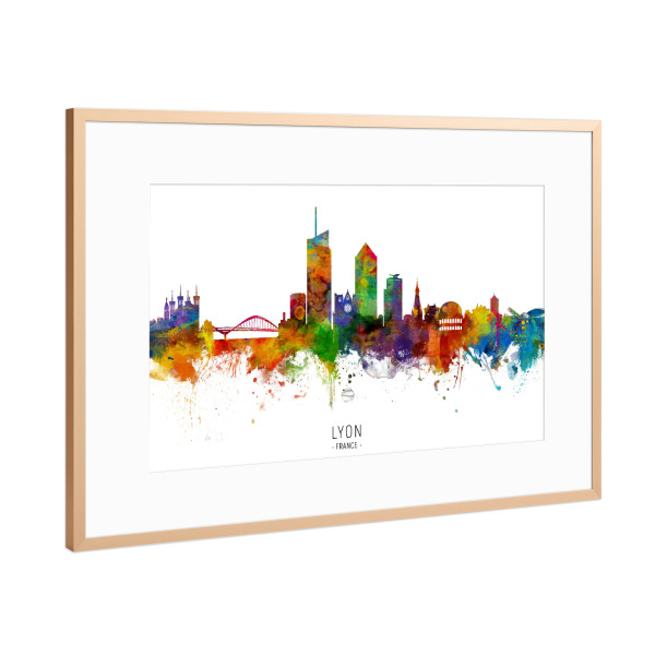 Poster mit Rahmen Kupfer "Lyon France Skyline txt" artboxONE - Städte - Lyon,France,Skyline,Cityscape,Stadtbild,Watercolor,Painting